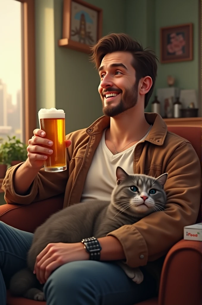 A man with no beard, holding a beer, with a cat in his lap and an iFood order.