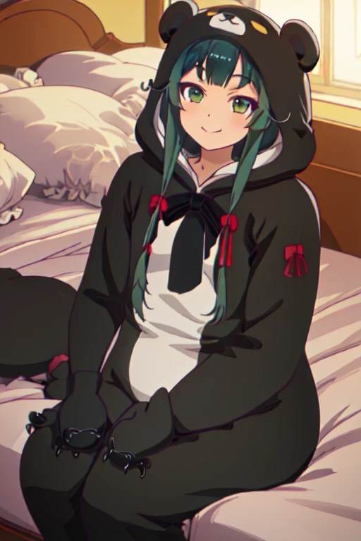beautiful, (masterpiece), best quality, (extremely detailed face), extremely detailed eyes,  perfect lighting, OverallDetail, detailed, deep skin,textured skin,
,bear costume ,black bear costume, long sleeves, hood up,,mallow , long hair, green eyes, big smile,on bed ,sitting between pillows,
,