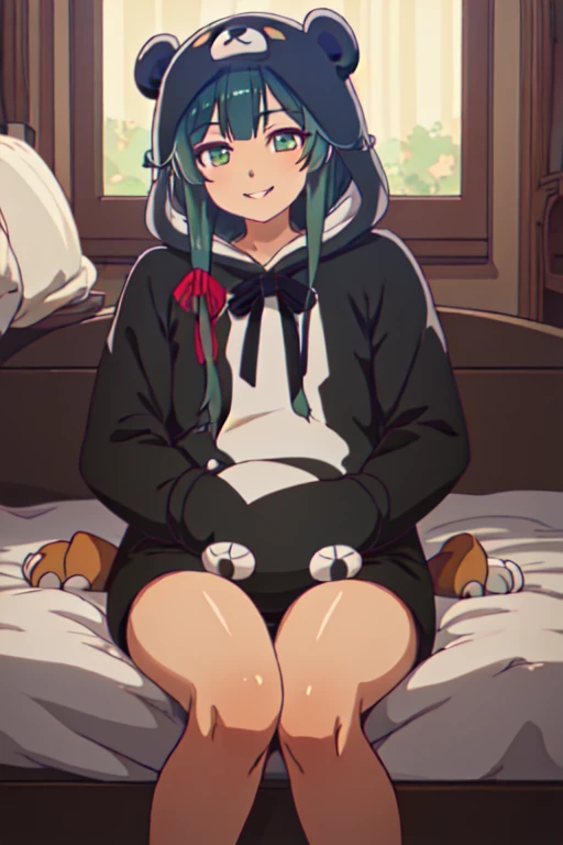 beautiful, (masterpiece), best quality, (extremely detailed face), extremely detailed eyes,  perfect lighting, OverallDetail, detailed, deep skin,textured skin,
,bear costume ,black bear costume, long sleeves, hood up,,mallow , long hair, green eyes, big smile,on bed ,sitting between pillows,
,