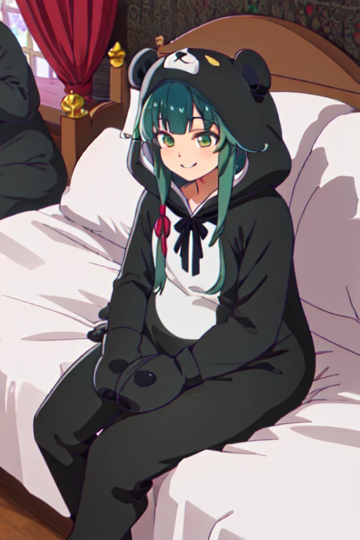 beautiful, (masterpiece), best quality, (extremely detailed face), extremely detailed eyes, perfect lighting, OverallDetail, detailed, deep skin,textured skin,
,bear costume ,black bear costume, long sleeves, hood up,,mallow , long hair, green eyes, big smile,on bed ,sitting between pillows,
,