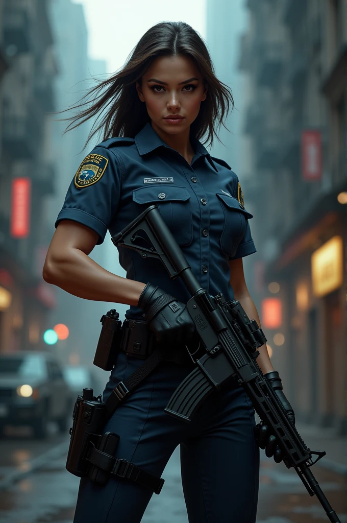 Policewoman with an automatic weapon in her hand.