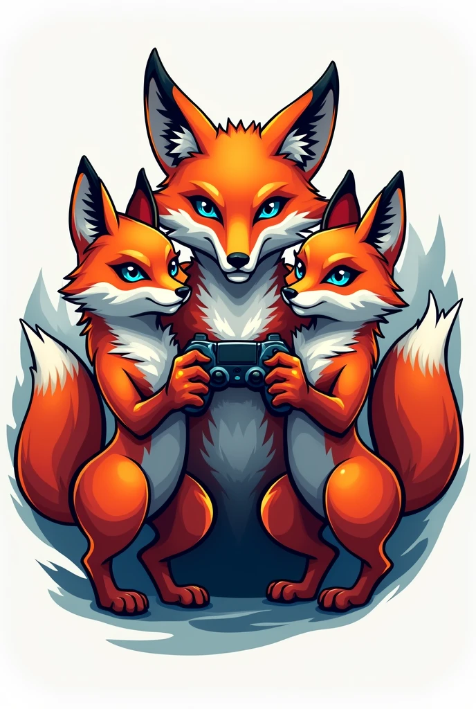 A logo with two sexy female foxes and a strong male fox in the middle holding a video game controller, Written on the Epic Game Designer logo