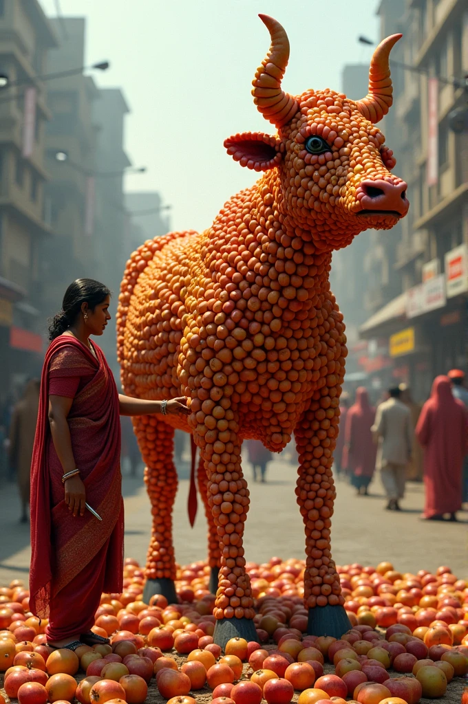 A Indian poor woman is making a big cow out of apples on road people are watching
