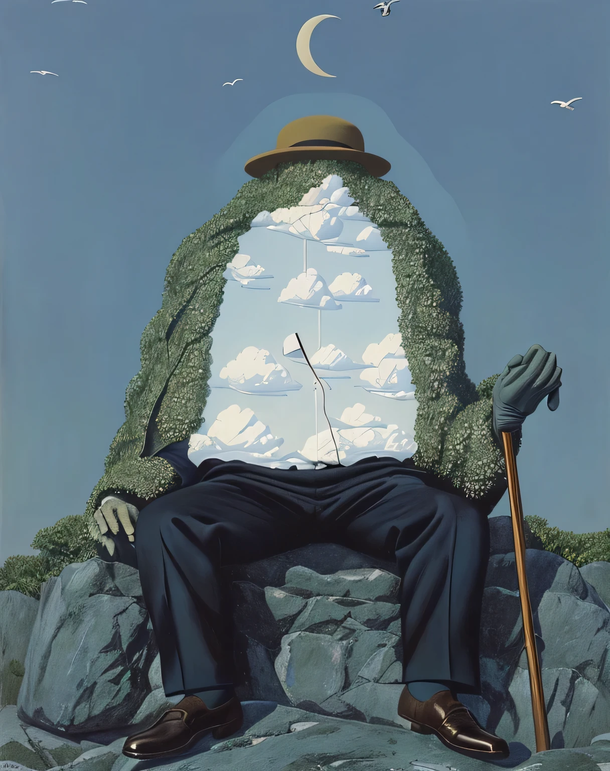 painting of a man sitting on a rock with a hat and a cane, by Jodorowsky, rene magritte. hyperdetailed, by Quint Buchholz, rene magritte. detailed, micheal whelan, inspired by Quint Buchholz, jean giraud portrait, ghibli moebius, magritte, magritte painting