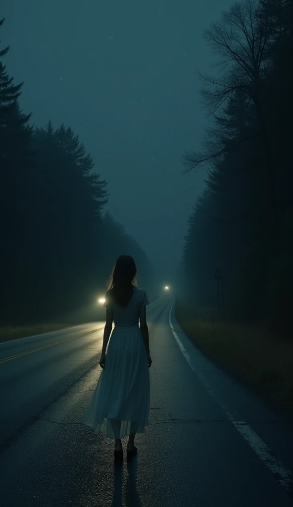 If you are driving a car alone late at night and see a woman in a white dress on the roadside cinematic realistic
