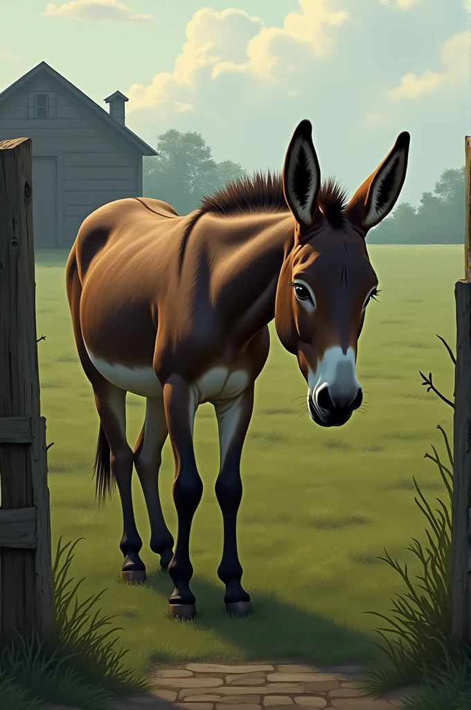 Create for me the image of a donkey on a farm, Grieving.