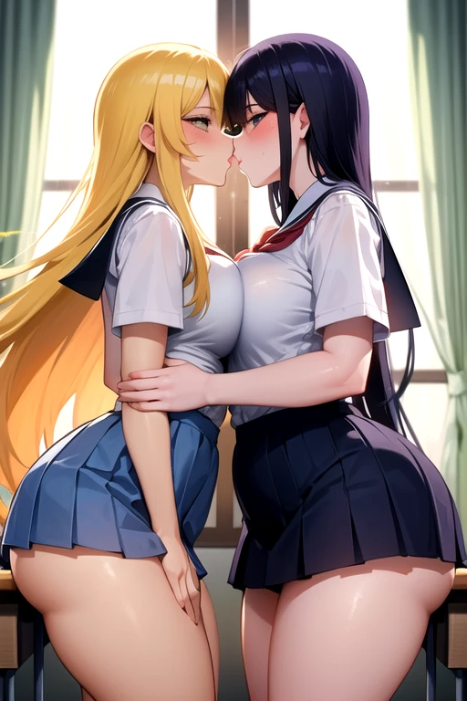 Lesbian (very long loose yellow hair)(big breasts, big thighs)(with school uniform clothes it is very tight) that he is kissing at school with his girlfriend,(big breasts, big thighs)lesbian love