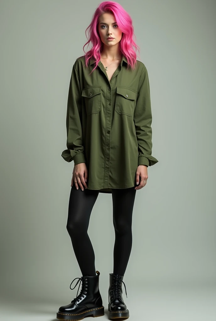 a pretty woman, 36 years old, pink hair, pretty face, Green Shirt, black tights , black doc martens, FULL BODY shot