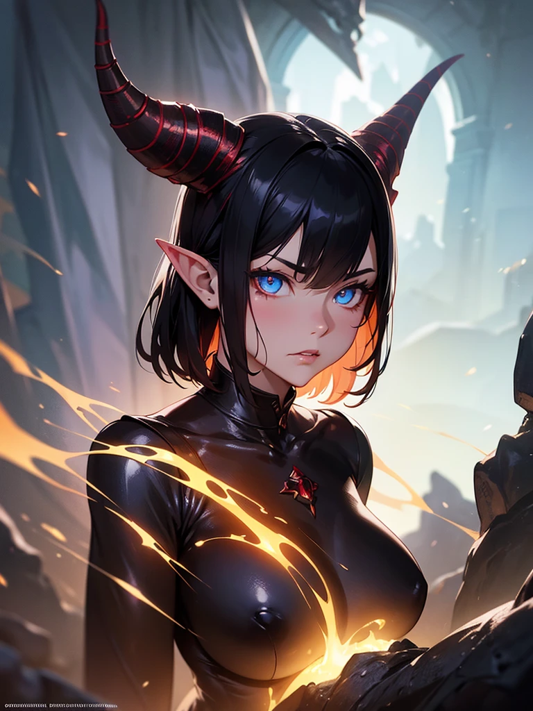 studio portrait of female demon,Tiefling, female, horns,blue eye,short ears,short hair, red skin, dragon horns, , Tiefling, mysterious, black ram horns, black curled horns, curved horns, demon horns, long black hair, rpg, slim waist, wide hips, long legs,artstation trending, high quality, sombre mood, artstation trending, , fantasy, extremely detailed, digital painting, artstation, concept art, smooth, sharp focus, illustration, stunning lighting, art by artgerm and greg rutkowski, curvy woman, mature woman, beautiful and lusty face and body, harmonic face and body, best quality, , unreal motor render, grumpy lighting, glow, bright, mysterious, mystical, magical, rim lighting, vibrant