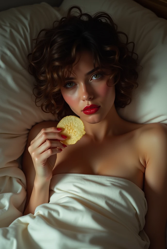 Girl covering boobies in the bed with curly short hair and red lipstick. Girl eating chips