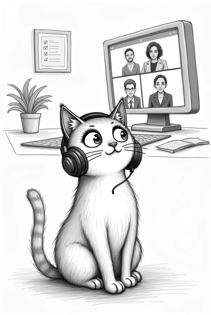 sketch (drawing) of a cat in a video call with clients and headphones  (that the video call screen is visible)