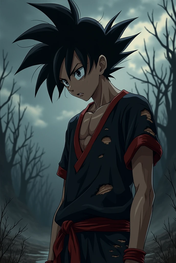 Goku, young adult, black messy hair, dull gray eyes without shine, broken and ripped demonic high school outfit, wearing a torn black and red school uniform,  Ripped black pants, weak and dull aura, background of a desolate and dark landscape, dramatic anime style.

facial expression: Deep sadness, with dark circles and an empty gaze, as if he had lost his loved ones and his purpose.

Posture: Curved, with shoulders slumped and head lowered, as if the weight of the world rested upon him.


