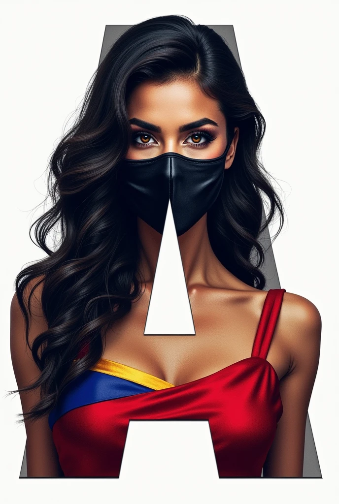 logo "AlmaLibre" stylish letter logo front, background realistic miss venezuela with mask of anonymous color black, red and blue