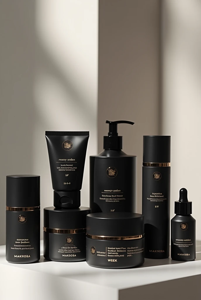 Generate skin care products from the "MAKHOBA" brand , consisting of salicylic acid and glycolic acid and niacinamide acid and facial cleanser, serum, moisturizer SPF, facial scrub, sensitive skin soap, an instant working Benzoyl peroxide solution 3 day solution, a acne scar mask for 1 week , lip scrubs , lip glosses and toners , make it a luxurious brand with elegance. Include lIP PRODUCTS , make the products , black in colour, the writing on the products must strictly be in English including or displaying what the products are exactly Inspo: CeraVe and Cetaphil......