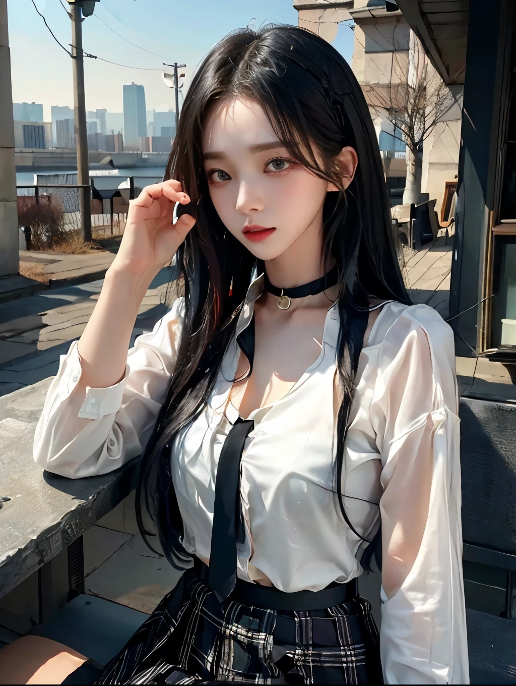 dressed like a nurse,exposed, 큰 chest, 젖어서 chest이 보이는 흰색 shirt, masterpiece, best quality, whole body, 1 woman, forehead, black choker, black necktie, blond hair, panties, blush, bracelet, chest, choker, clothes approximately waist, clavicle, collared shirt, dress shirt, ear piercing, eyebrows visible through hair, gradient hair, 이를 드러내고 laugh, fix, bijouterie, Kogal, long hair, looking at viewer, loose necktie, necktie, piercing, plaid, plaid skirt, pleated skirt, red eyes, ring, , shirt, skirt, laugh, alone, sky, sitting on a chair inside a cafe,illustration, (Magazines:1.3), (sheathe-style:1.3), fashionable, female, vibrant, outfit, posing, front, fancy, dynamic, background, coercion, confidence, expression, possession, name, accessories, majestic, coil, approximately, touch, scene, texts, sheathe, brave, attracting attention, title, Refined, font, catchy, headline, bigger, striking, modern, Trend, Concentrate upon, fashion,