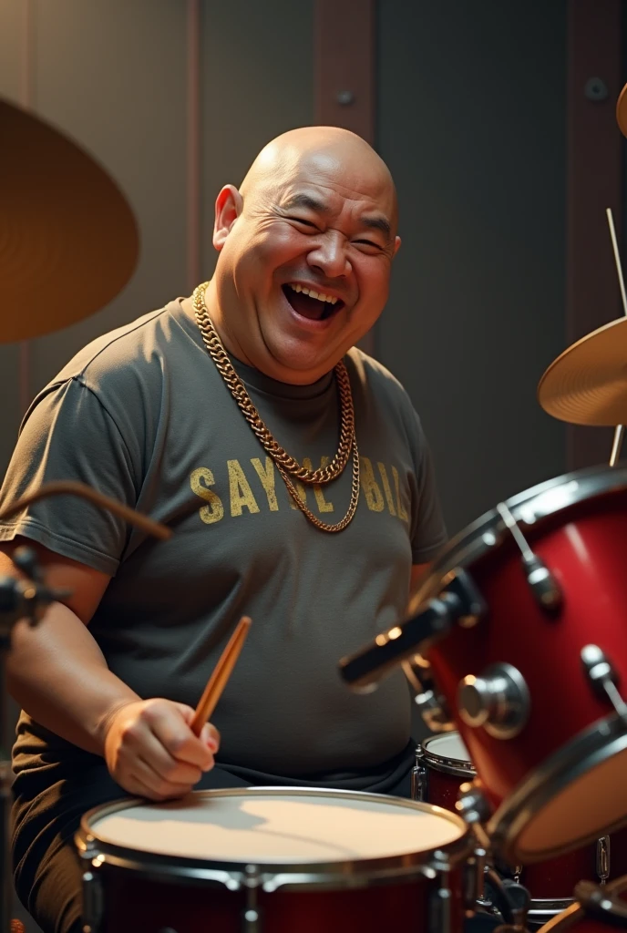 A middle-aged, chubby, bald Japanese man with a gold chain and a band T-shirt playing the drums.