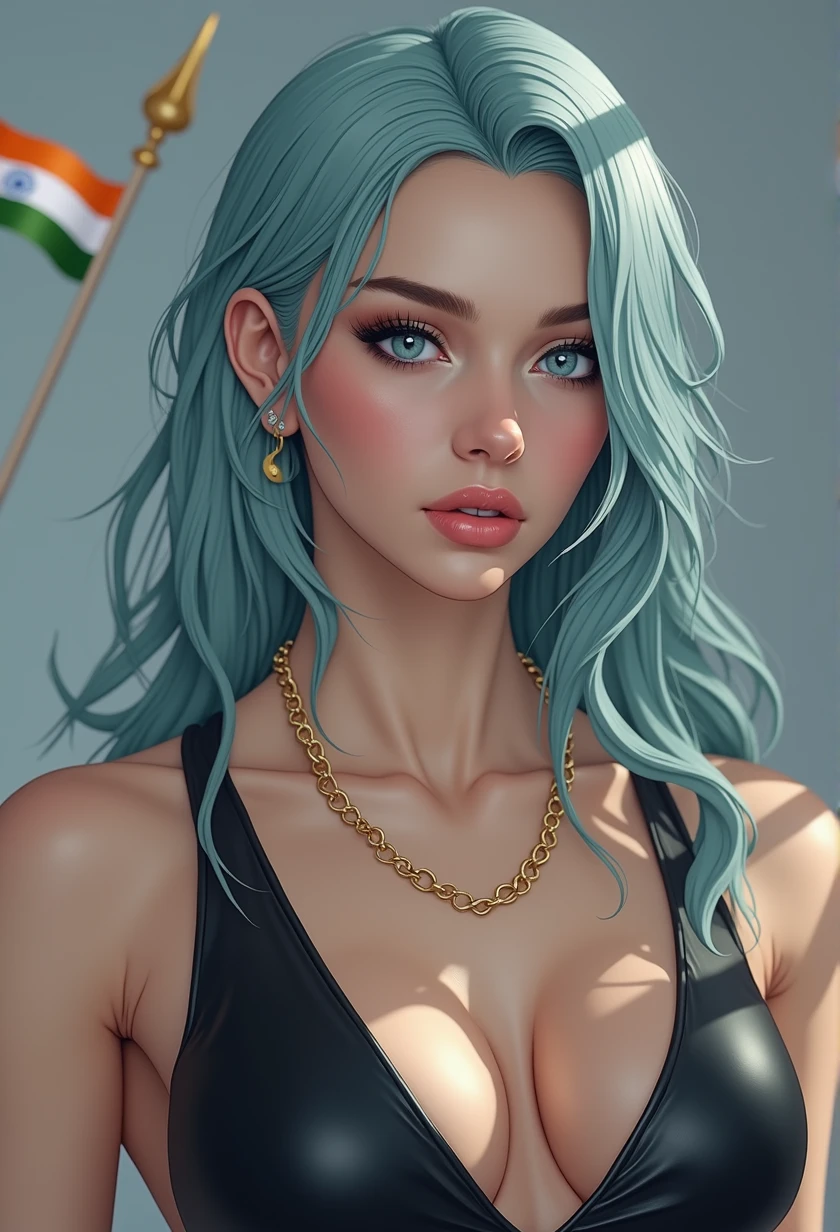 full length photo, (full body photo:2.0), a real ultra realistic 8k goddess of temptation with cyan coloured hair and perfect beautiful face ratio according to mathematically, perfect jawlines, perfect face cut, perfect cheek bones, ultra realistic 8k facial features, beautiful blue big realistic beautiful eyes, juicy beautiful lips, bright light, long_hair in a beautiful white dress with tricolor indian flag in hand