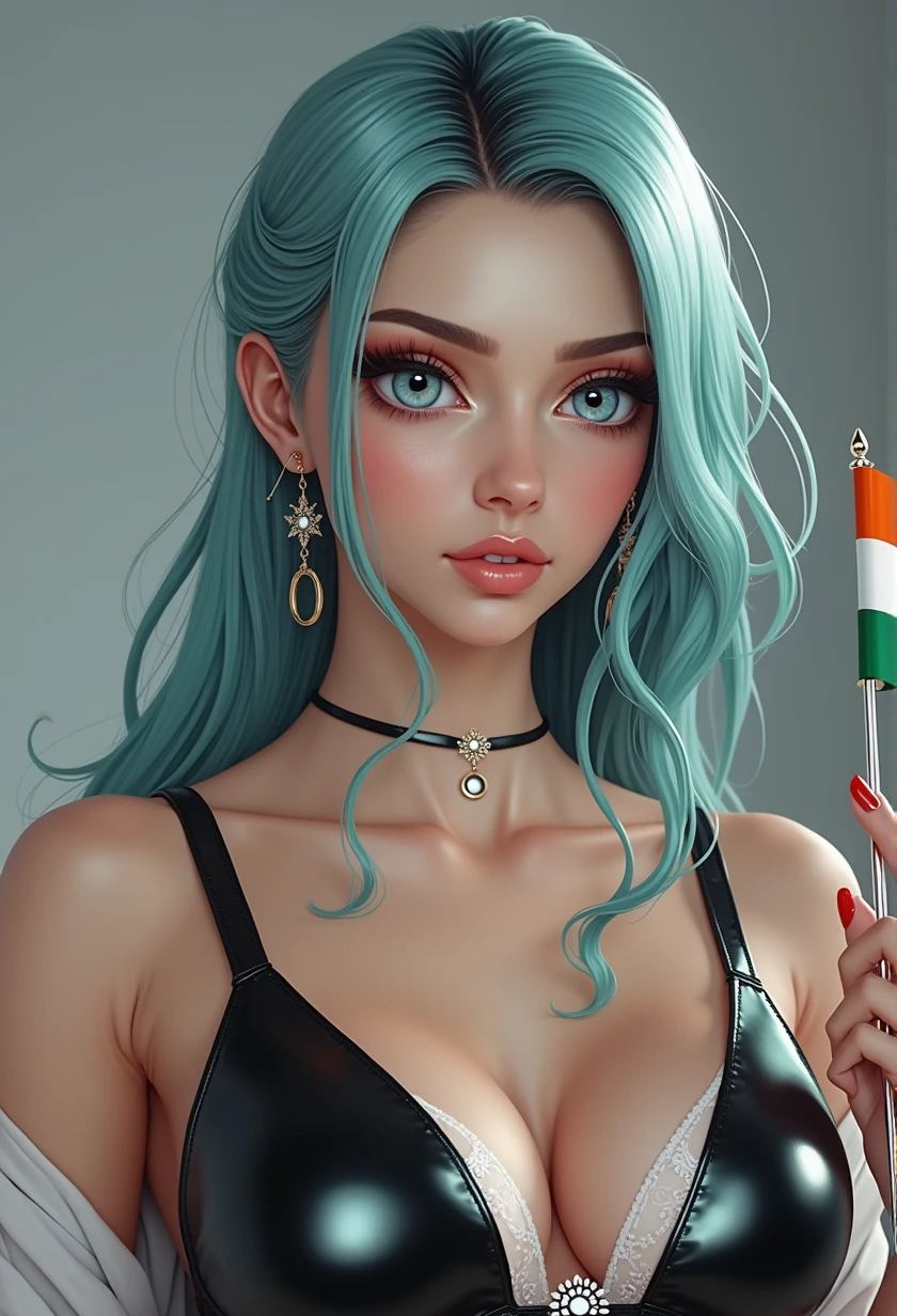 full length photo, (full body photo:2.0), a real ultra realistic 8k goddess of temptation with cyan coloured hair and perfect beautiful face ratio according to mathematically, perfect jawlines, perfect face cut, perfect cheek bones, ultra realistic 8k facial features, beautiful blue big realistic beautiful eyes, juicy beautiful lips, bright light, long_hair in a beautiful white dress with tricolor indian flag in hand