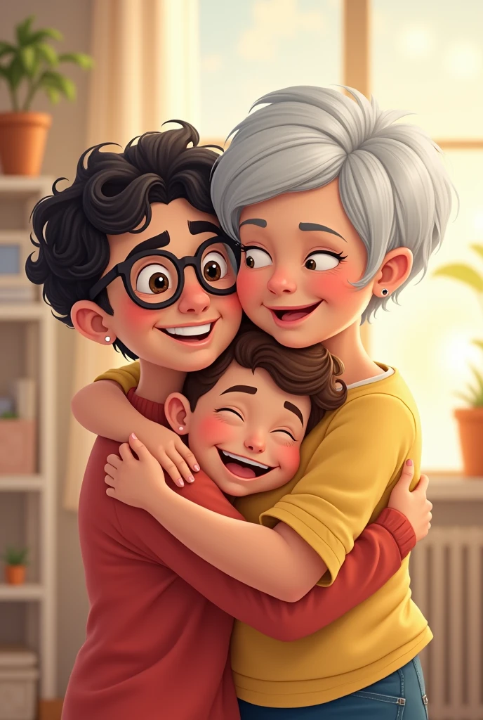 Cartoon illustration of a 50-year-old woman with white pixie cut hair hugging her 30-year-old son with curly black hair, glasses, and a chin beard, along with her 6-year-old grandson with shaved brown hair.
