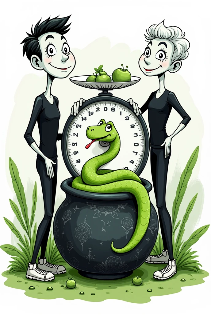 then round in cartoon for black and white team with green details with a weight scale, with a pot with a snake inside
