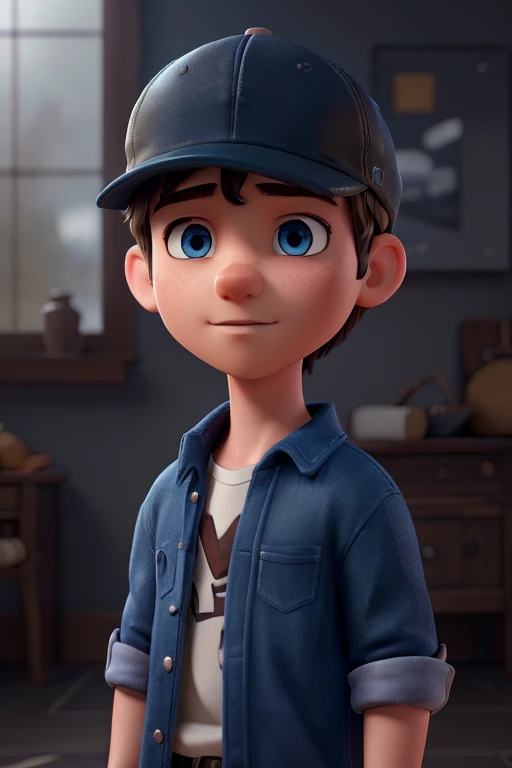 masterpiece,8k,photorealistic,highly detailed,HDR,cinematic lighting,a confident boy wearing a backwards cap, blue eyes, black hair,detailed facial features,shallow depth of field,warm color palette,moody atmosphere