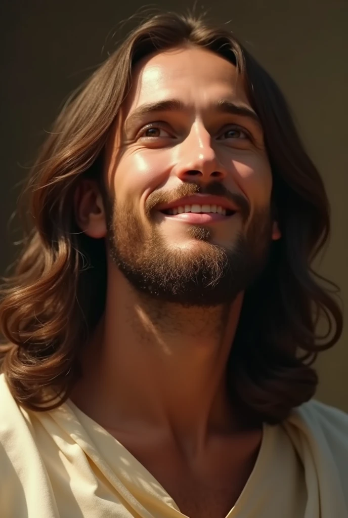 "A portrait of Jesus Christ focused solely on his face, with a warm expression and a gentle smile. His eyes convey compassion and kindness, and his smile reflects peace and serenity. The soft light highlights his features, emphasizing the tranquility and hope in his countenance."