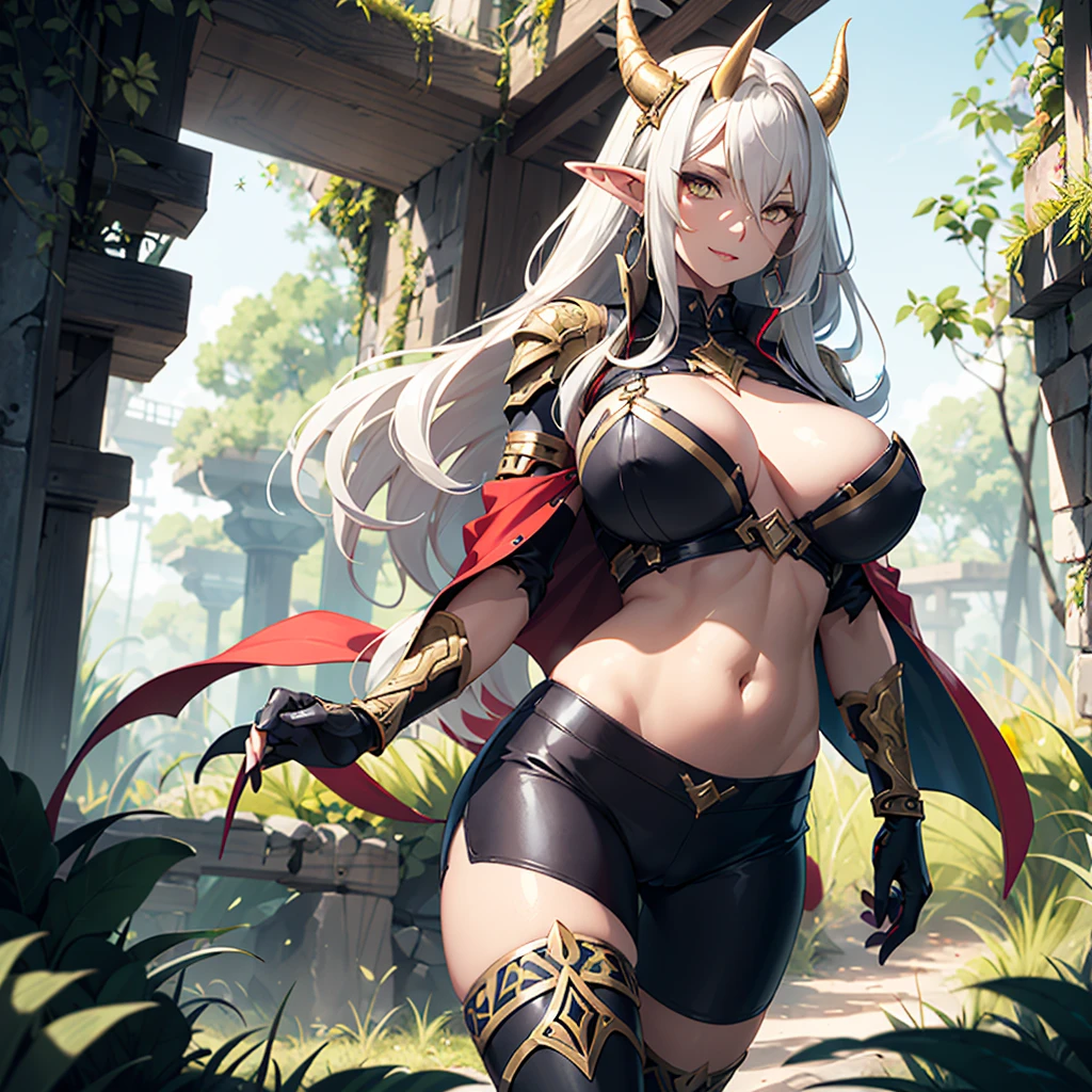 ((best quality)), (detailed), 1 women big pornstar heavy knight armor, 8k_wallpaper, extremely detailed eyes, (large masterpiece digital art), (intricate details:1.3 ), (ultra-detailed:1.3), (sharp focus:1.3), (natural lighting:1.05), (vivid colors:1.3), (best quality:1.4), expressive eyes, full body, detailed face, beautiful face, perfect face, ((hair sandy white curls)), ((gold horns)), (gold eyes), {{dark skin}}, ({dark skinned female}), big breasts, huge chest, big wide ass, powerful relief muscles of the abdomen and legs, powerful strong muscles of the arms, belly piercing with blue emeralds, cruel predatory and cold-blooded arrogant look and smile, an open red coat with rolled up sleeves, a translucent blue crop top very clear outlines of huge pointed nipples with large piercings under the fabric, steel combat pauldrons, steel bracers and leather gloves, leather shorts under which I can see the clear outlines of a big vagina, walks along the path against the backdrop of a ruined elf village and flowering vines and wild forests, style fantasy and adventure world,