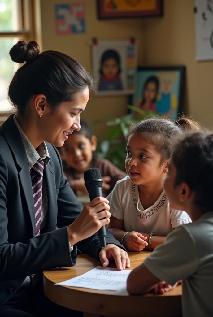 News reporter talking with orphans