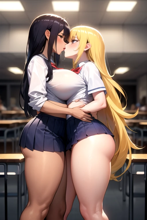 Lesbian (very long loose yellow hair)(big breasts, big thighs)(with school uniform clothes it is very tight) that he is kissing at school with his girlfriend,(big breasts, big thighs)lesbian love