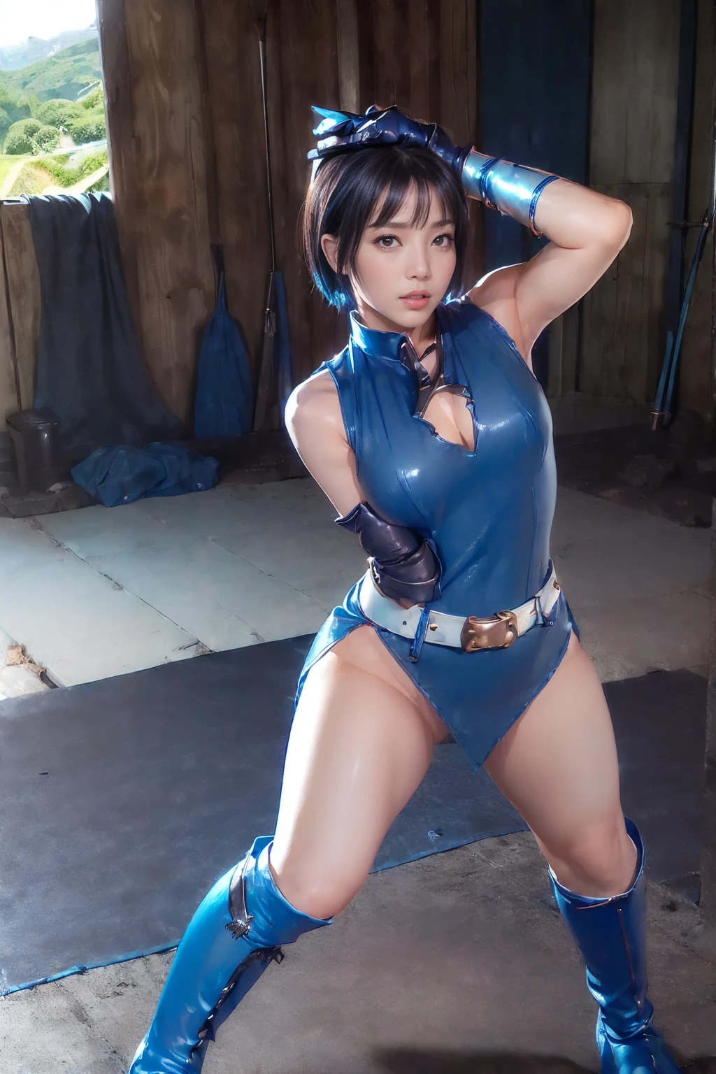 (medieval prison:1.9),(Midnight:1.99),(Inside the dirty shed:1.9),(nsfw:1.55),(NUDE: 1.45),(High resolution,masterpiece,Highest quality,Very detailedCG, anime, Official Art:1.4), masterpiece, Highest quality, sour, woman, alone,( Super Heroine Beautiful Body: 1.5), 21yo,(Yellow and blue leotard: 1.3), (No makeup look: 1.4),bob black short hair, (Large Breasts: 1.4), Exposing your abs, ヒーローbelt,(leona),Sun Warrior,Airi Suzumura: 1.2, (No makeup look: 1.2), (from the front: 1.85),(full body: 1.5),(look away: 1.5),(EMBARRASSED: 1.4),(closed mouth: 1.4),(Combat Stance:1.8),(Dramatic lightning background:1.6), Very detailed,((Blue knee high boots: 1.5)),((Glossy blue costume: 1.25)),((Elbow-length blue leather gloves: 1.35)),((White thigh-high socks: 1.35)),((((A simple sleeveless blue dress))))、belt、Metal fittings to secure the ends of the belt, 8k, Very realistic, Cinema Lighting, Dramatic colors,Leg spread:1.3