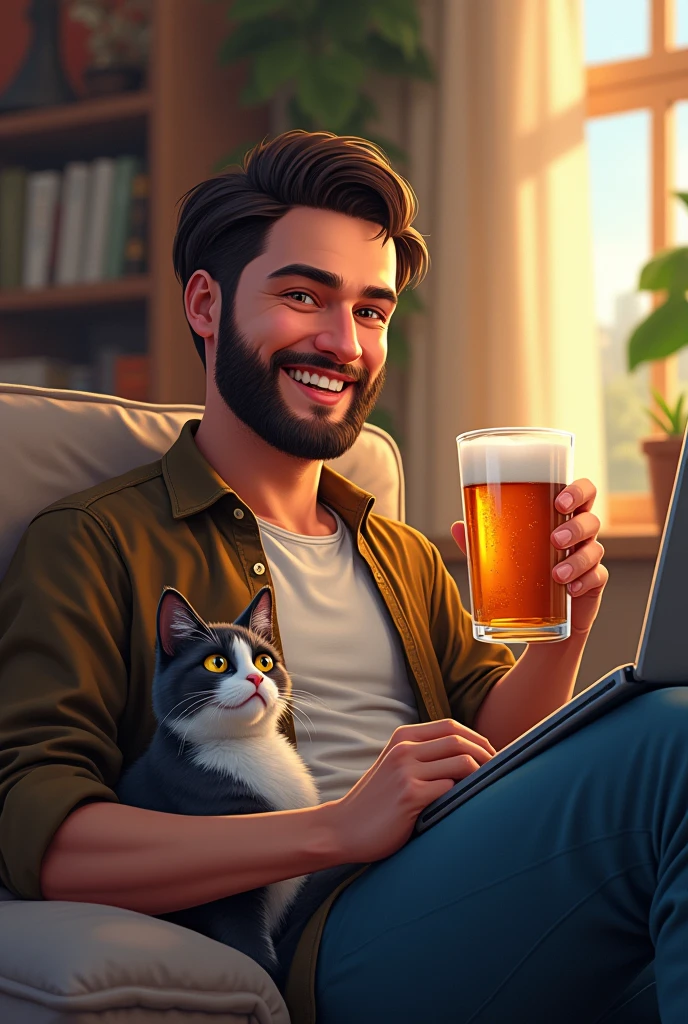 Drawing of a man without a beard, with a cat on my lap and beer, com ifood