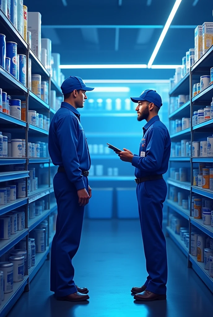 A man is in a hardware store, requesting tips from the salesperson. The environment is enveloped by shades of blue, that predominate in the image. The man, in search of guidance, is facing the salesperson, who wears a blue uniform and an identification badge. Ao redor deles, the shelves are organized with products such as paints, tools and other construction materials, many with packaging or details in blue. The scene captures the interaction between customer and salesperson, conveying an atmosphere of trust and professionalism, reinforced by the predominant use of blue