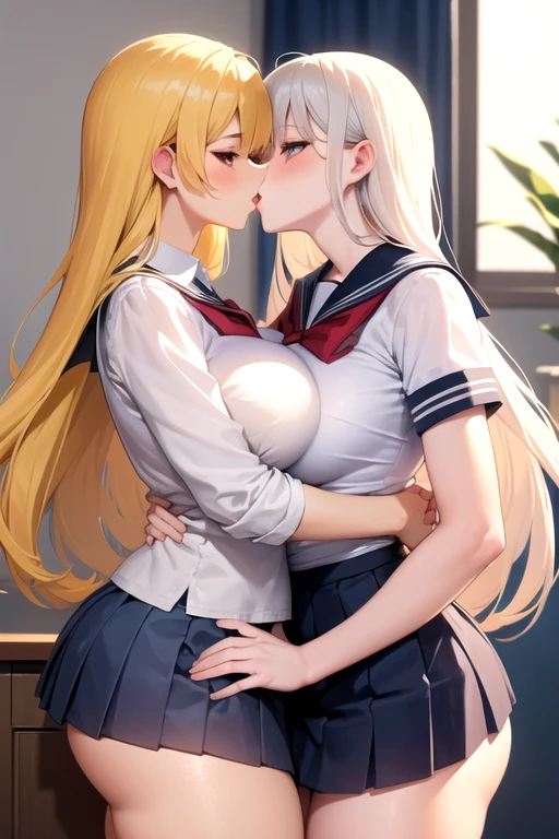 Lesbian (very long loose yellow hair)(big breasts, big thighs)(with school uniform clothes it is very tight) that he is kissing at school with his girlfriend,(big breasts, big thighs)lesbian love