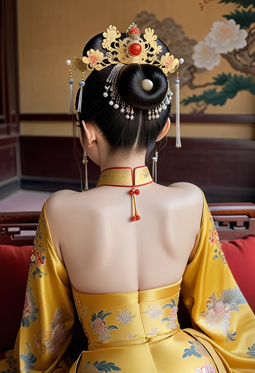 A lavish Chinese empress from the Qing dynasty era.  A close-up of her naked buttocks on a large golden sofa, showcasing her large breasts and prominent buttocks.  The close-up view shows her backside with her face visible.（Porn Pose） A gorgeous Chinese imperial empress with her hair tied on both sides and wearing a crown、Background of kinky and erotic woman tying her hair、The story is set in the luxurious rooms of an empress in the Chinese imperial court during the Qing dynasty.。