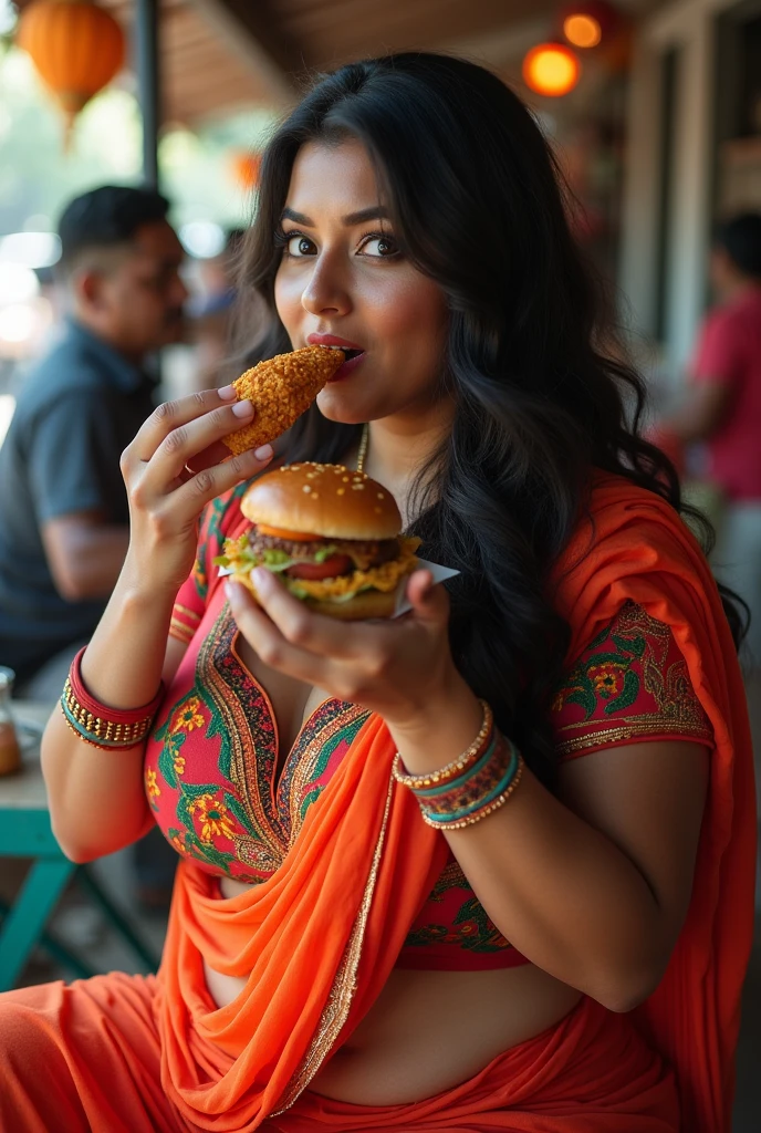 Big breast girl wearing salwar kameez and eating burger