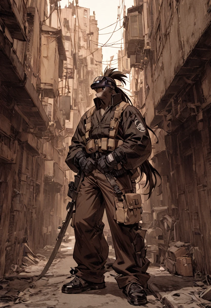 a furry anthropomorphic black/brown rat buff,muscular man wearing a survivalist suit,master splinter,Hamato Yoshi,thick,young,long hair,ponytail,90’s style. He’s androgynous,equipped with some weapons and a sensual ,peaceful expression,full body.The scene has a cool,sweet,sexual,samurai/yakuza style and a vibrant tone.industrial/yokai setting in the background