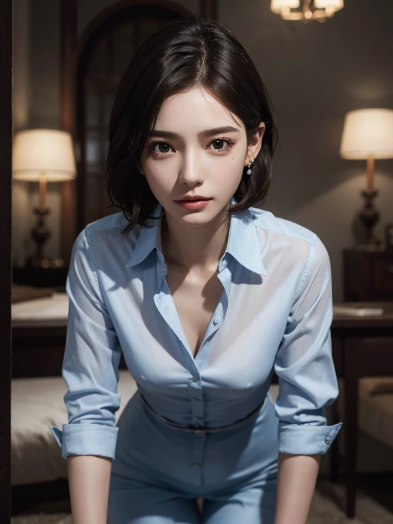 absurdres, RAW photo, extremely delicate and beautiful, masterpiece, Best Quality, ultra high resolution, 32k, hyper realistic, ultra-detailed, Very detailed CG 8k wallpaper, detailed background, landscape, Beautiful Lighting, Perfect Lightning, Realistic Shadows, perfect anatomy, anatomically correct, ideal ratio body proportions, perfect figure, Perfect Style, Perfect balance, super Detailed skin, in her 30s, very Slim body, narrow waist, very small head, very small face, delicate facial features, handsome detailed woman, very detailed eyes and face, realistic face proportions, Realistic beautiful face, Realistic beautiful eyes, tearful mole, earring, very huge round , medium short hair, asymmetrical hair, wavy hair, collared shirt, (bare legs), full body shot, clavicle,