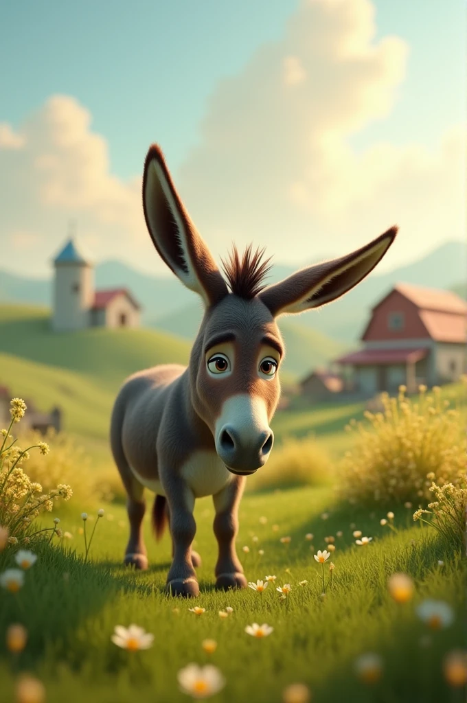 Create for me an image of a donkey in a large farm, Grieving. 3d pixar style