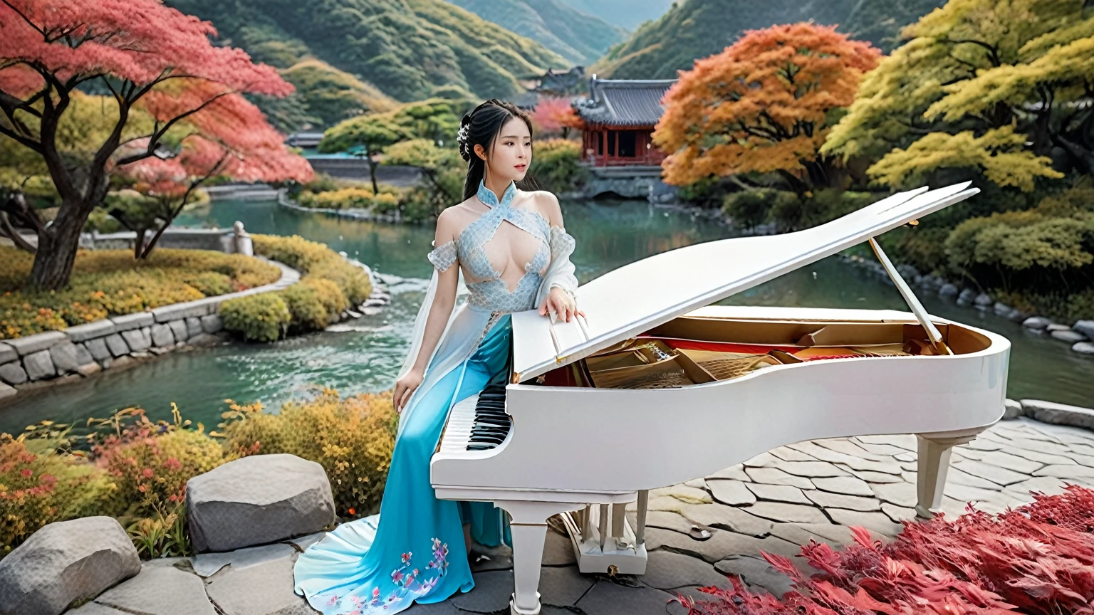 masterpiece, high quality animation, hyper-realistic aesthetic photo, (HDR:1.2), pore and detailed, intricately detailed, graceful and beautiful textures, RAW photo, 16K, sharp focus, cinematic lighting, (vivid colors), (crisp details), (lyrical Chinese classical aesthetic), (beautiful landscape with mountains and water), (vibrant flowers), (flowing stream), (ultra-beautiful Taiwanese woman), (elegant attire), (luxurious white grand piano on the water), (autumn maple leaves)
