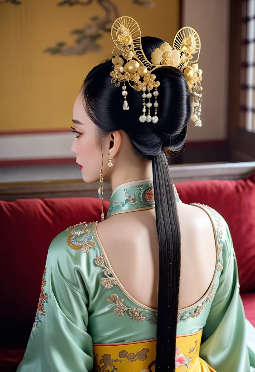 A lavish Chinese empress from the Qing dynasty era.  A close-up of her naked buttocks on a large golden sofa, showcasing her large breasts and prominent buttocks.  The close-up view shows her backside with her face visible.（Porn Pose） A gorgeous Chinese imperial empress with her hair tied on both sides and wearing a crown、Background of kinky and erotic woman tying her hair、The story is set in the luxurious rooms of an empress in the Chinese imperial court during the Qing dynasty.。