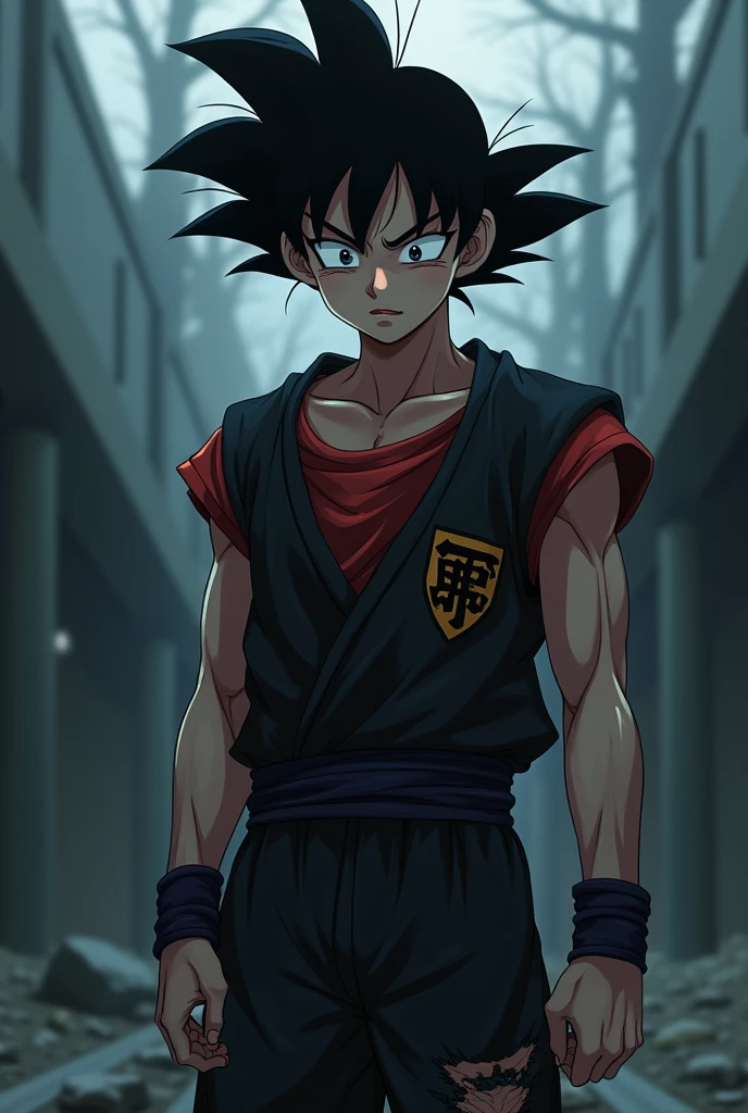Goku, young adult, tousled black hair, dull gray eyes without shine, broken and ripped demonic high school outfit, wearing a torn black and red school uniform, Ripped black pants, weak and dull aura, background of a desolate and dark landscape, dramatic anime style. facial expression: Deep sadness, with dark circles and an empty gaze, as if he had lost his loved ones and his purpose.