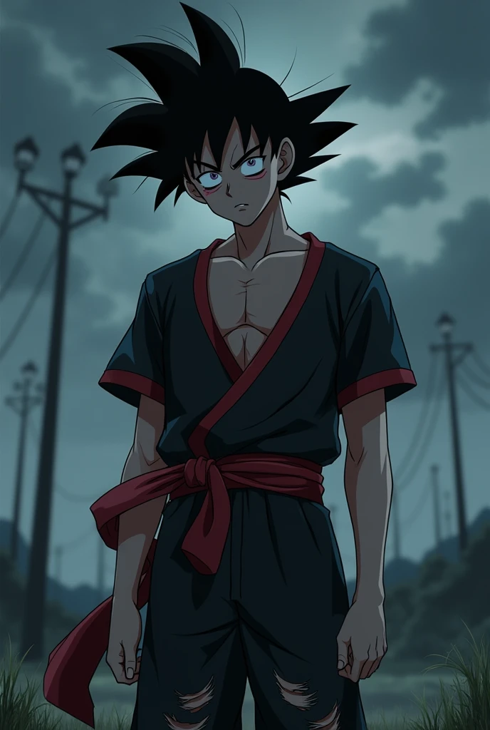 Goku, young adult, tousled black hair, dull gray eyes without shine, broken and ripped demonic high school outfit, wearing a torn black and red school uniform, Ripped black pants, weak and dull aura, background of a desolate and dark landscape, dramatic anime style. facial expression: Deep sadness, with dark circles and an empty gaze, as if he had lost his loved ones and his purpose.