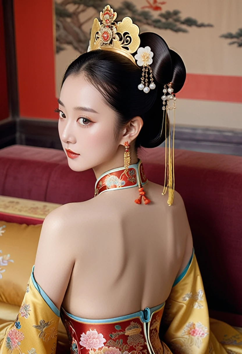 A lavish Chinese empress from the Qing dynasty era. A close-up of her naked buttocks on a large golden sofa, showcasing her large breasts and prominent buttocks. The close-up view shows her backside with her face visible.(Porn Pose) A gorgeous Chinese imperial empress with her hair tied on both sides and wearing a crown、Background of kinky and erotic woman tying her hair、The story is set in the luxurious rooms of an empress in the Chinese imperial court during the Qing dynasty.。