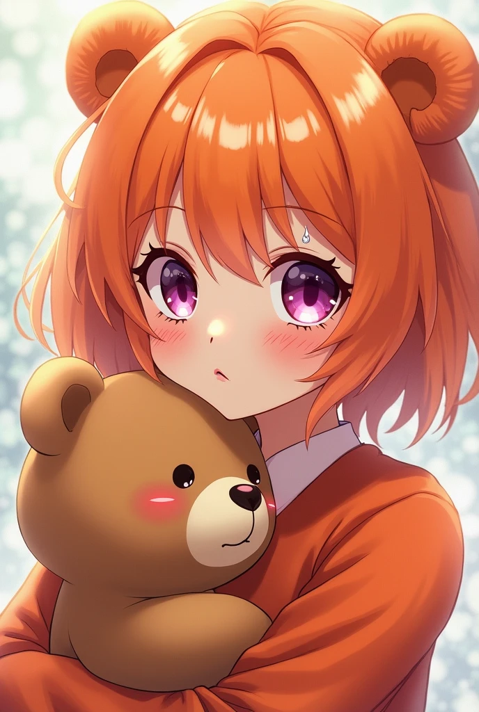 Beautiful anime character, cute bear in a deep orange outfit, bright orange hair, sparkling purple eyes, crying