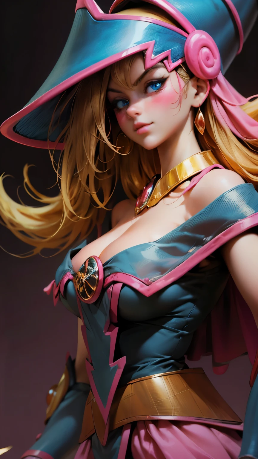 Beautiful face of dark magician gils. blue eyes. brio in the eyes. Large and thick false eyelashes, pink lips. blush on the cheeks, profile pose. Looking at one extreme. gold earrings. gold necklace. Thin neck. Long golden hair. Great cleavage. big breasts.