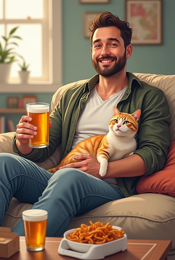 Drawing of a man without a beard, with a cat on my lap and beer, with ifood order
