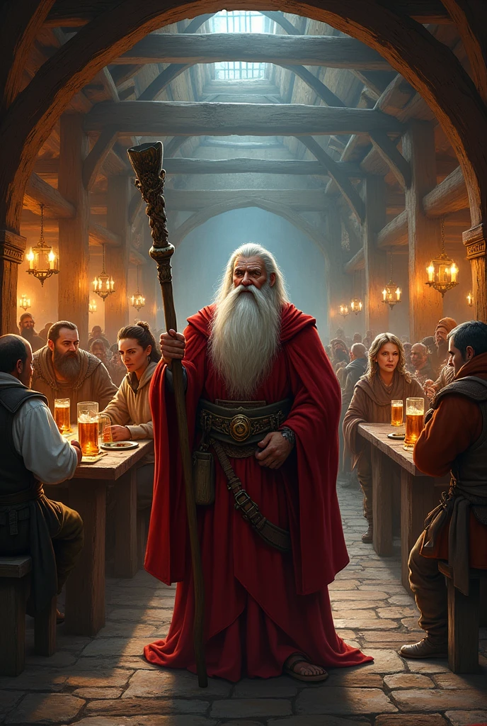 Create a tavern scene with characters from a medieval fantasy universe, drinking and having fun. At the tavern door, an old wizard with a pointed hat and long beard, wearing red robes, has just entered with a staff in his hand.. 