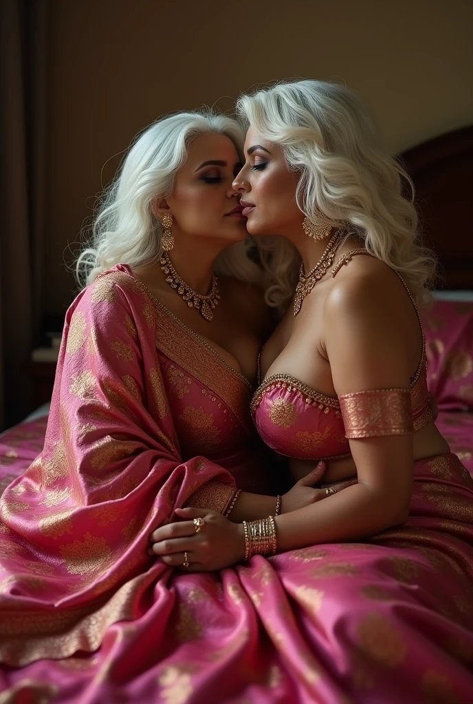 Indian super sexy milf, kissing, hugging, doing lesbian sex with another Indian ultra sexy mature white hair,seducing.wearing a long dark pink banarasi gold silk shawl like towel on her same design bedsheet . real image ,big boob,nude in bed,emphasize the delicate folds of the jewelleries ,showcasing the fabric's texture and vibrant.(Realistic) High quality full hd.. silk (fake detailed lips)very heavy eye makeup,black mascara) (silk) (fake detailed lips)), ((white wavy hair)), ((Stylish hairstyle)) , (({Enormous|Gigantic|Big|Huge|Mega|Fake} pushed-up breasts)), (very slim curvy glass hour waist). ((very huge cleavage)), photoshoot, (Soft) Lighting, (The play of light and shadows), depth of field, bokeh, (special attention to skin detail: 1.2), (special attention to enormous breast size: 1.2), (((special attention to extra tight clothing : 1.2))), Detailed texture, sexy round boobs, oily skin. (Erotic atmosphere, Pink, Tons), UDR, ((Film grain)), ((rays)), (Glare), ((upper body body)) , ultra detialed.