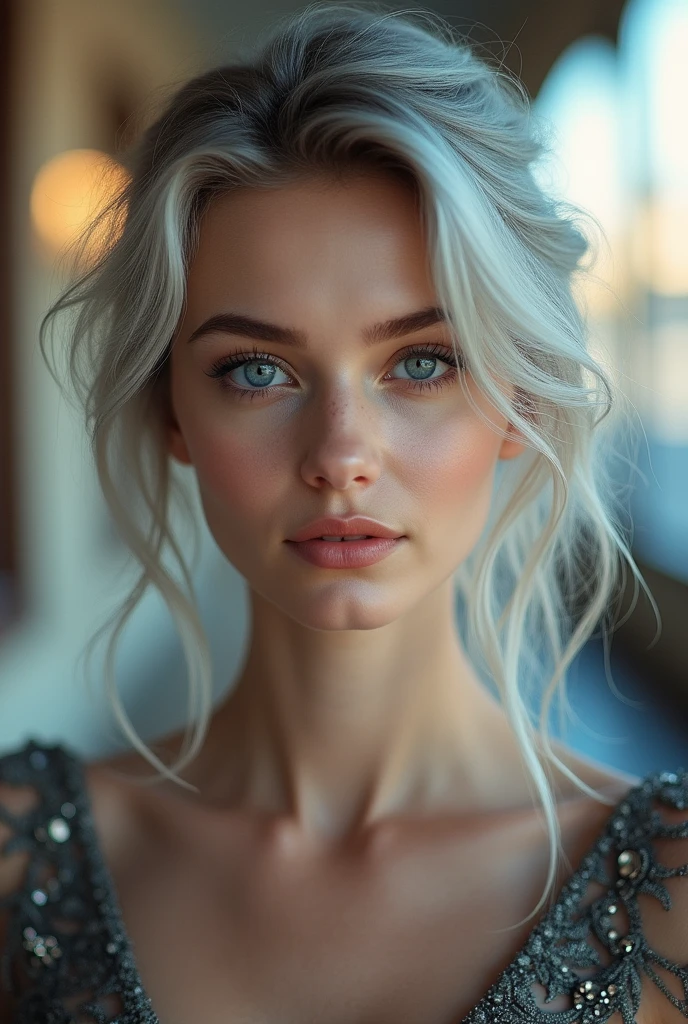 (Best quality,a high resolution,masterpiece),ultra detailed,photorealistic:1.37,beautiful girl,light gray medium hair,подробные Blue eyes,detailed lips,soft lighting,studio setup, female,graceful pose,fine features,subtle makeup,hips,shallow depth of field,thin smile Feeling of airiness,artistic composition, (((sfw))), (((ana de armas))), (((Blue eyes))), cinematic, Hyper-detailed, crazy details, beautifully color-graded, cinematic Lightning, incredibly detailed and confusing, hypermaximalist, volume, full color, HDR, shallow depth of field, big budget Hollywood film, synoscope, capricious, epic, fabulous, Against the backdrop of St. Petersburg