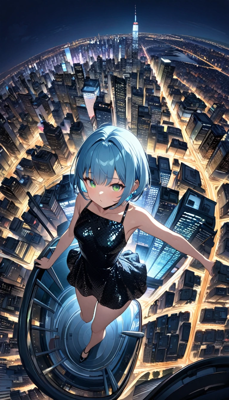 Highest quality、Light blue hair、Short Bob、Deep green eyes、Small breasts,Age 25,a black sequined dress、New York City at night、Fisheye Lens、from above